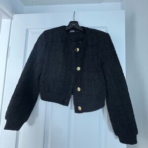 Zara Women's Boucle Black Bomber Jacket with Gold Buttons
